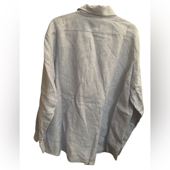 LINEN LANDS END Blue White Stripe Men’s Long Sleeve Button Up Vacation SZ XL EUC - Picture 4 of 13